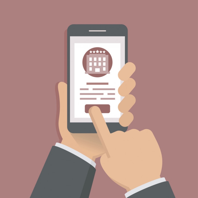 Flat style illustration concept of booking hotel via mobile app